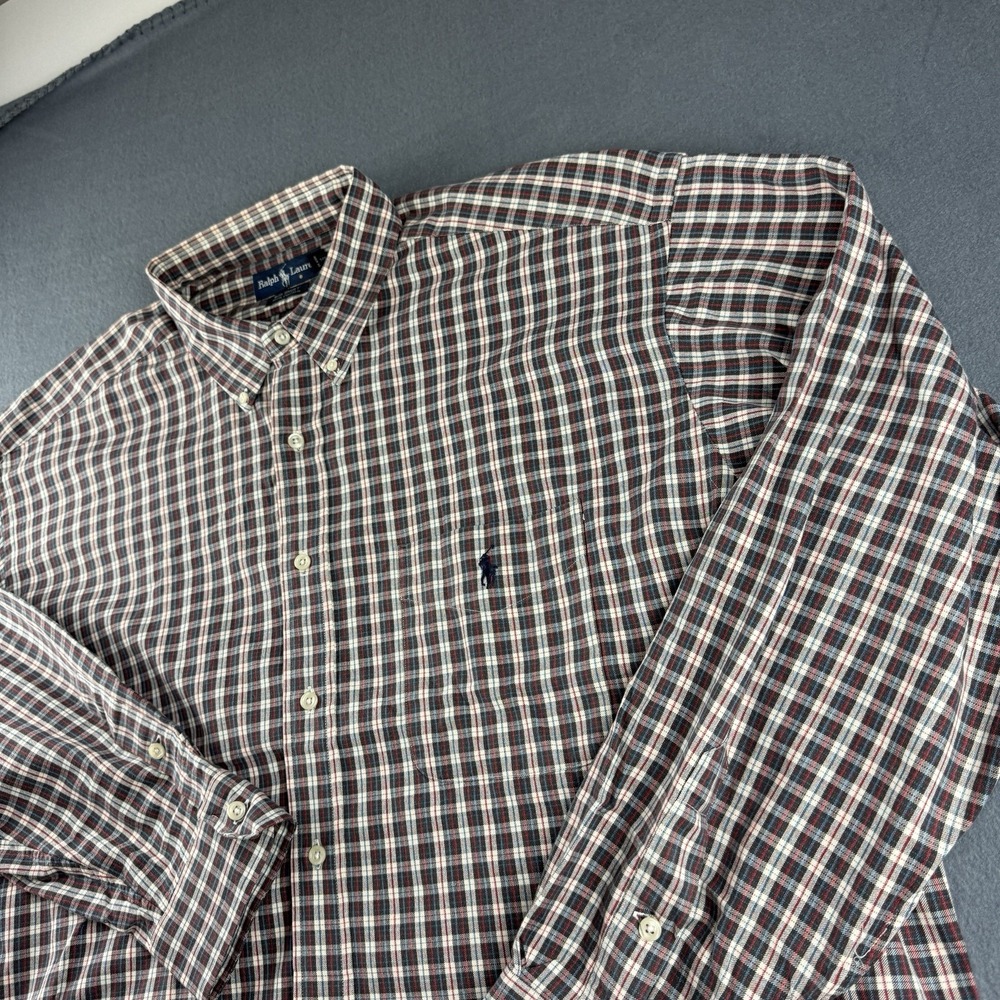 Polo Ralph Lauren Shirt Men's XL Brown Big Plaid Oxford Pony Preppy Dress Pocket